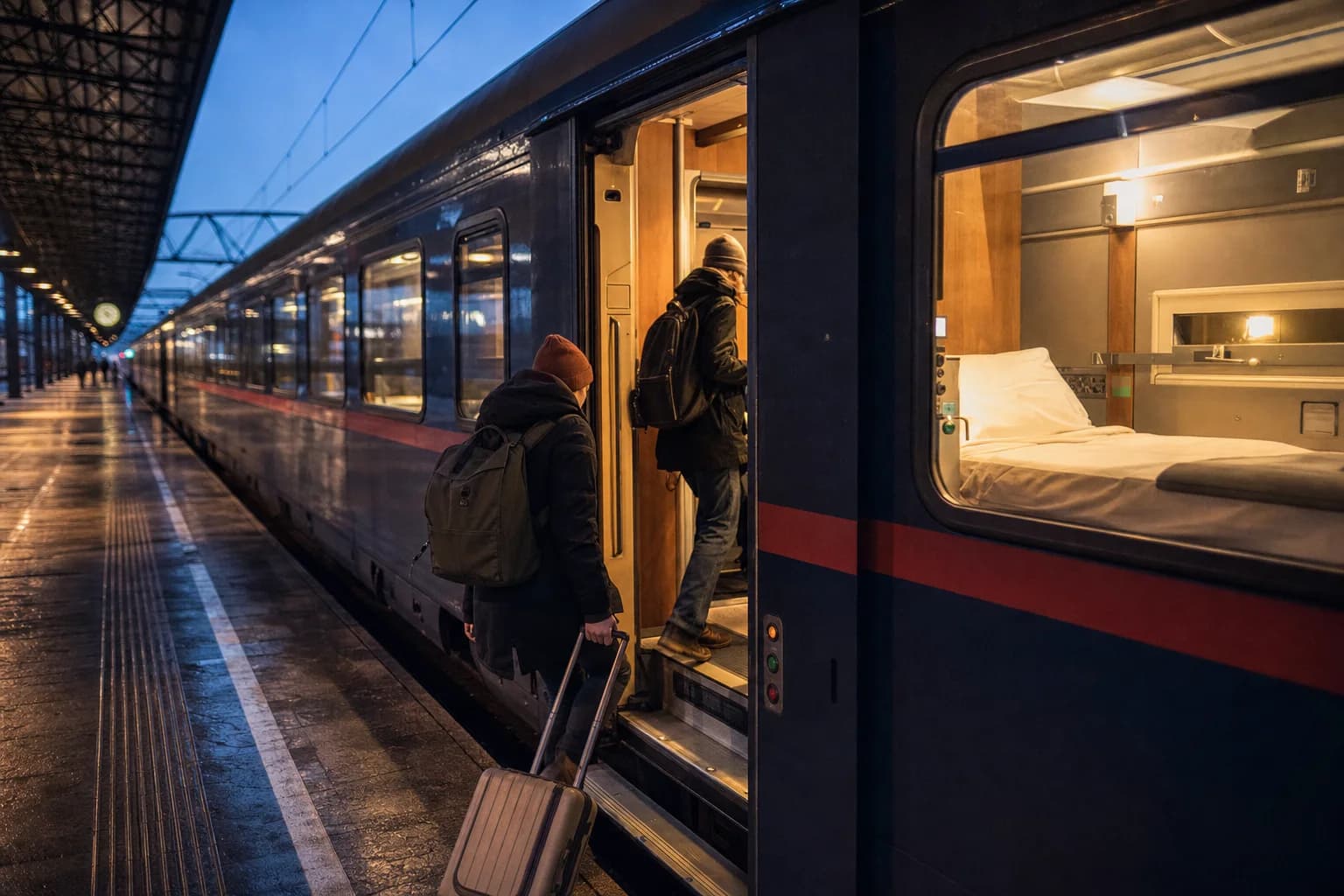 Travellers boarding a sleeper train at night