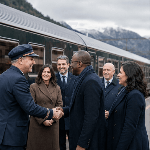 Rail workers and representatives greeting each other beside a train