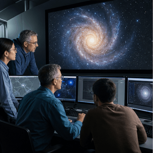 Researchers working in an observatory control room