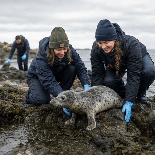 Marine biologists releasing a rescued young seal