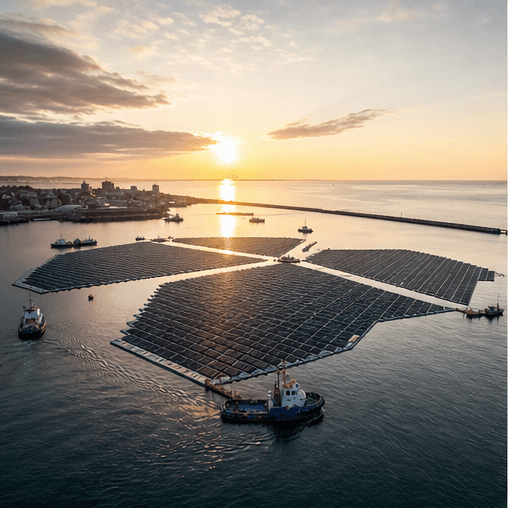 Floating solar arrays in a North Sea harbour at sunrise