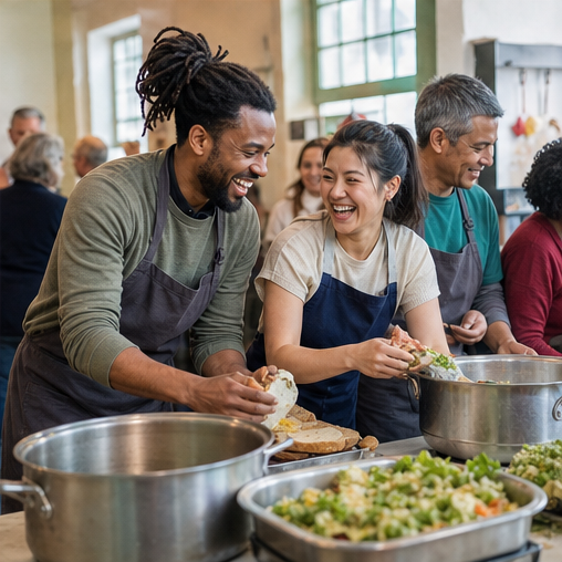 Volunteers preparing food in a community kitchen